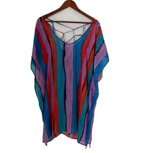 Palisades Beach Club Swimsuit Cover Up Women M/L Multicolor Stripe Sheer Tassel